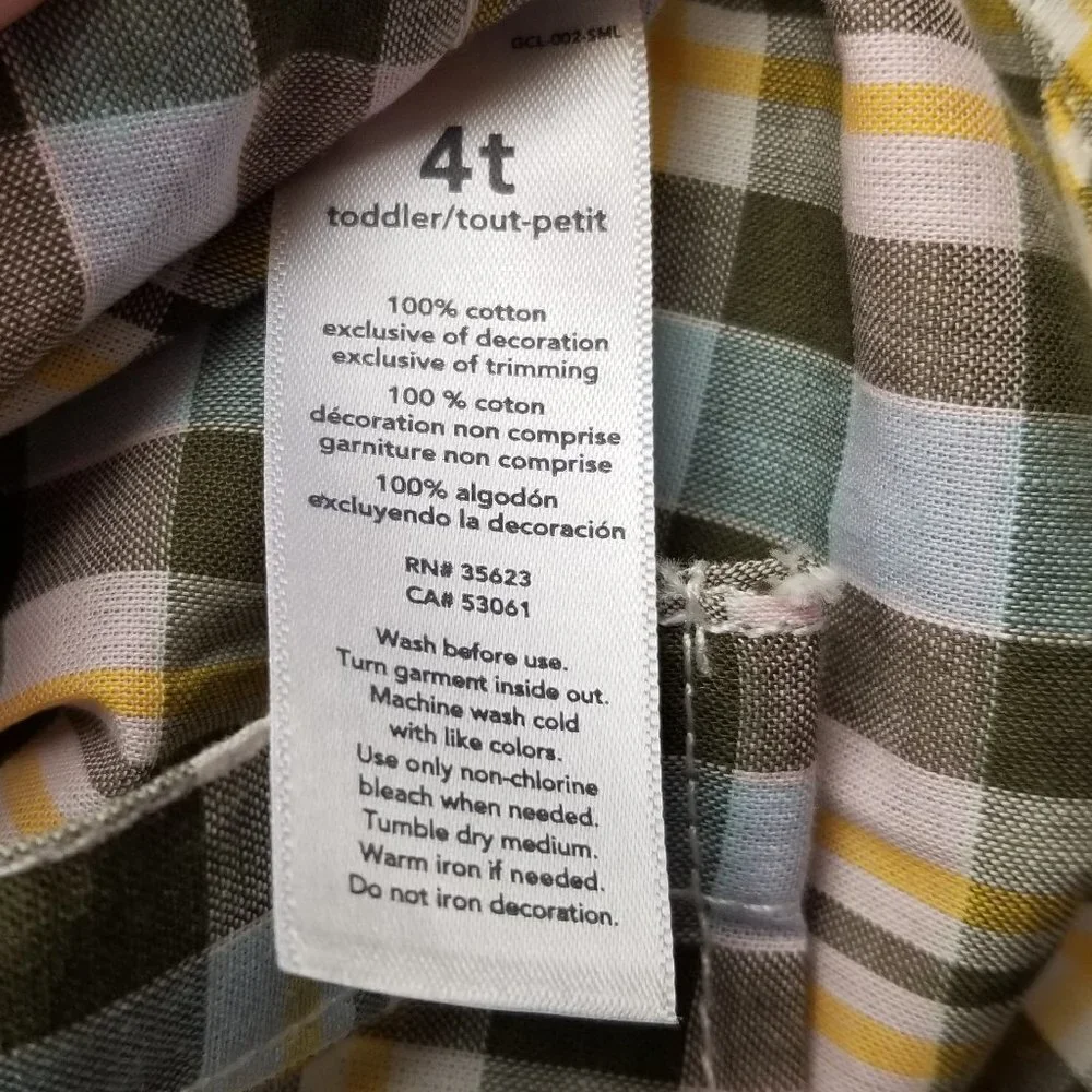 Carter's 4T Button up Shirt Long Sleeve Yellow Green plaid Easter Spring‎ pastel